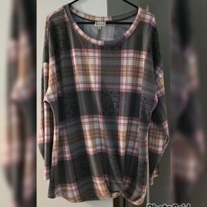Truself Womens Sweater Pink, Orange/Brown, and Gray Plaid
